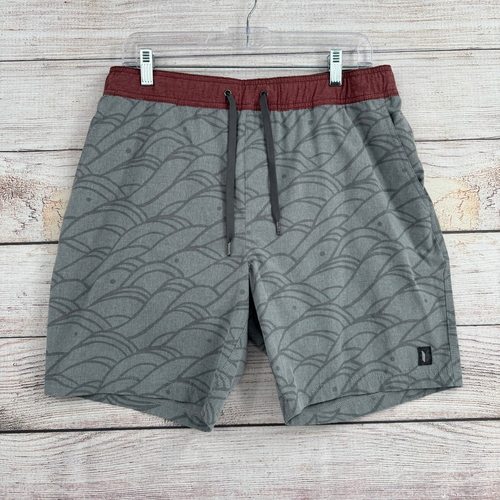 Linksoul Board Shorts Mens Size M Grey Wave Print Drawstring Swim Trunks Lined